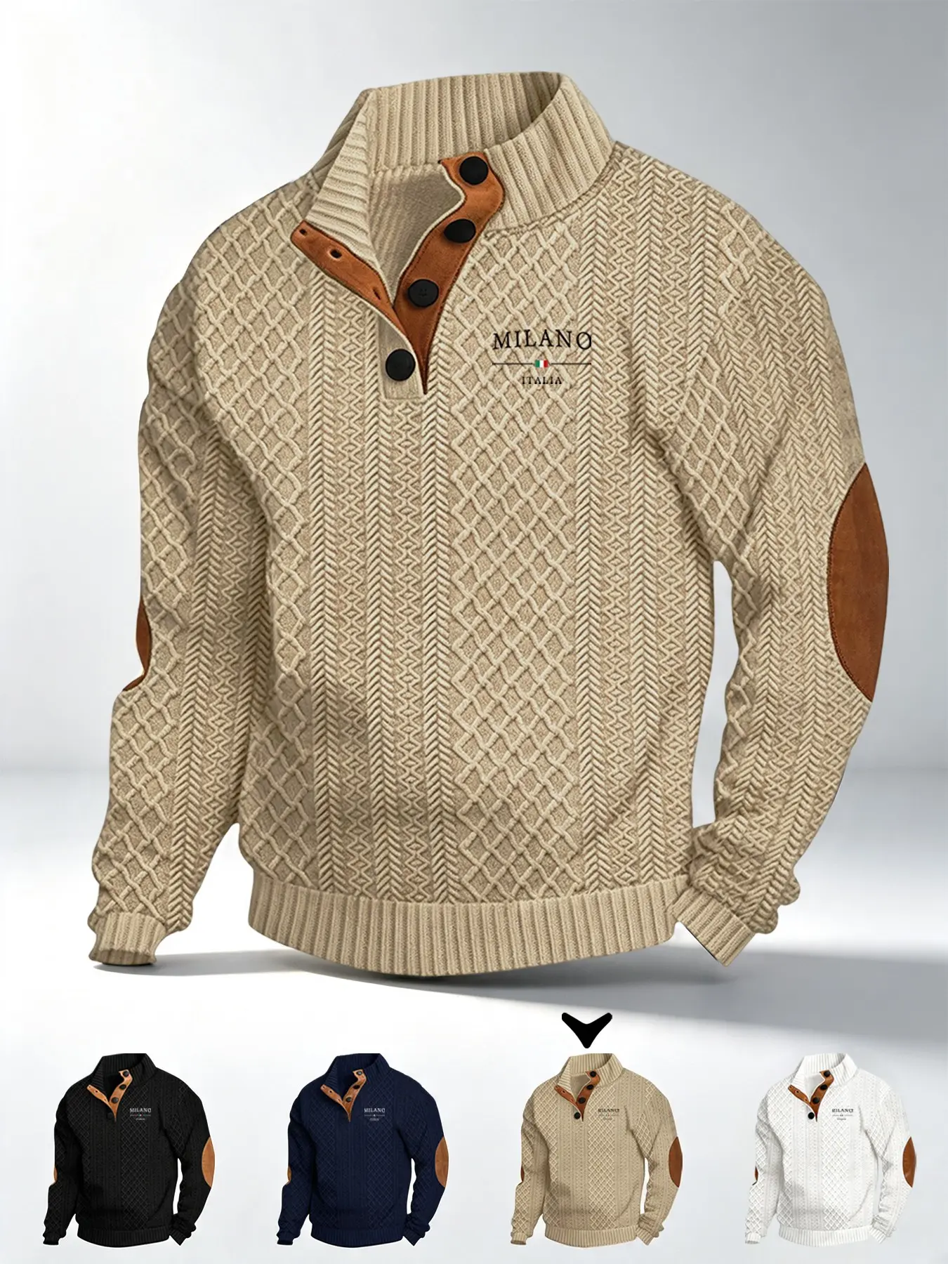 Men's Fall Winter Textured Stand Collar Button Knit Sweater, Milan Logo Letter Print, Vintage Business Casual, Perfect for Daily Commute