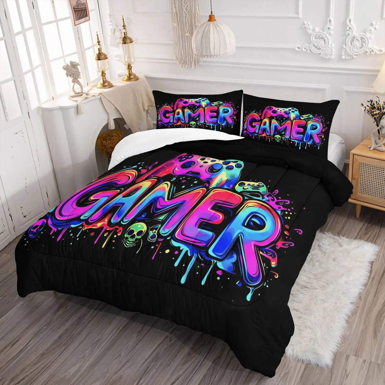 Gamer Skull Game Controller Comforter Set, Soft Microfiber, 1 Duvet Cover + 1/2 Pillowcases, Esports Bedding for Teen Boys, Birthday Gift