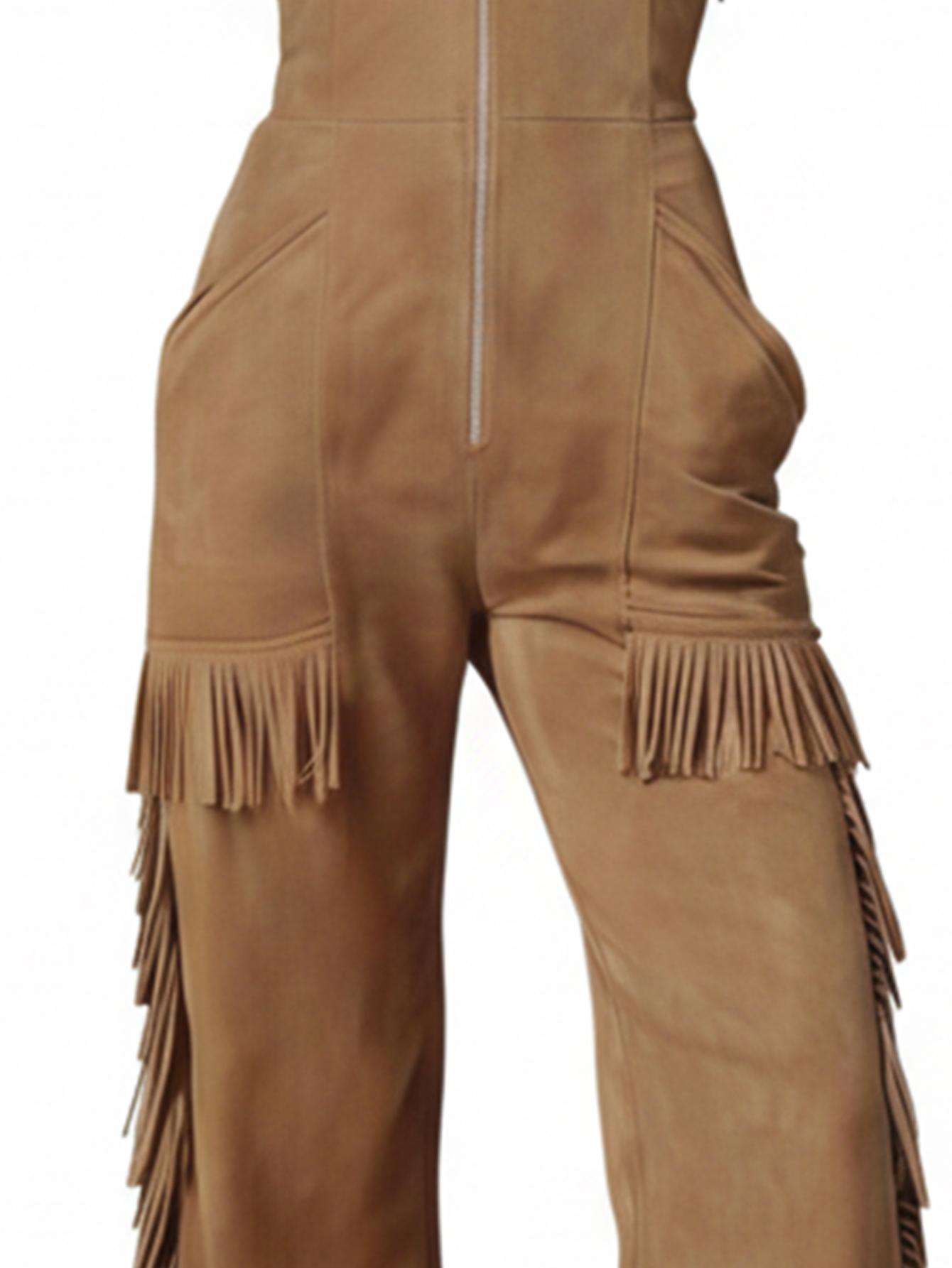 Women's Soft Suede-Like Fringe Sleeveless Slim Waist Wide Leg Jumpsuit, Stylish Faux Suede Fabric Romper for Festival & Party, Unique Tassel Detail Casual Streetwear