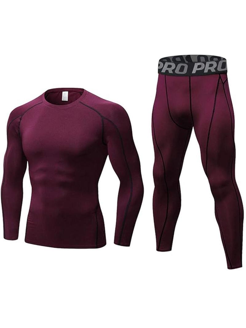 Men's Letter Tape Thermal Underwear Set, Long Sleeve Compression Top & Leggings, Casual Comfy Warm Underwear Set for Fall & Winter