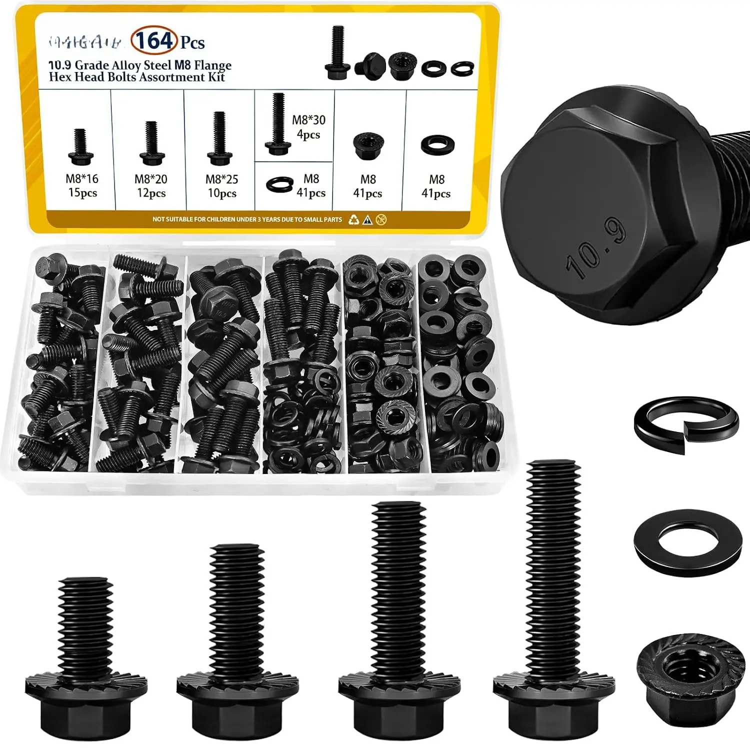 164 count M8 Flange  Bolt  Kit,M8-1.25 x 16/20/25/30 mm Metric Flange Hex  Nuts Washers ,10.9 Black Zinc Galvanized