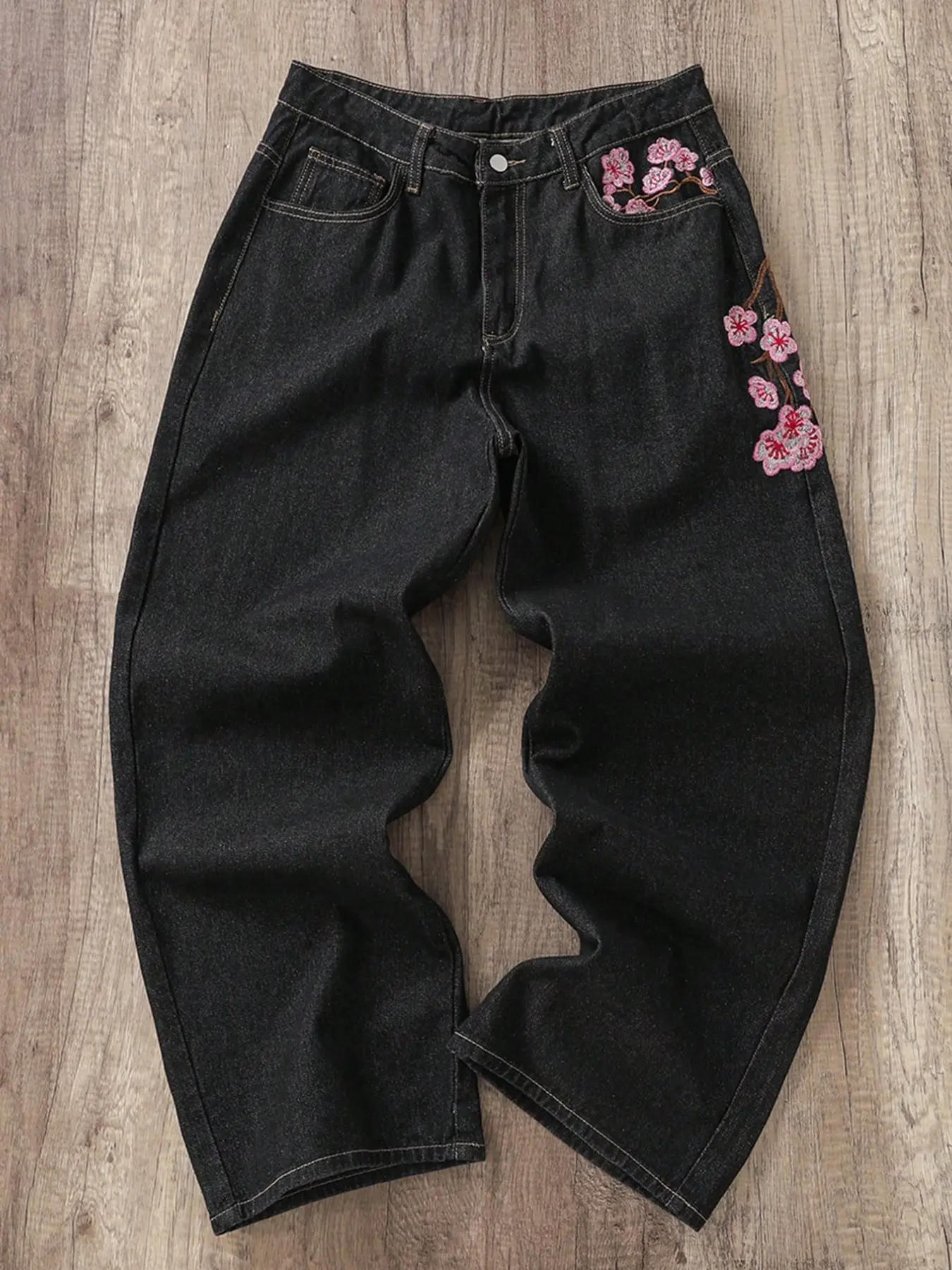 Men's Embroidered Jeans, Streetwear Denim Pants, Artistic Floral Cherry Blossom Design, Loose Fit Wide Leg Straight Pants, Y2K Streetwear, Multiple Sizes Available