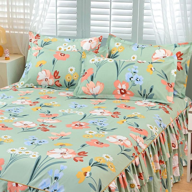 Floral Print Ruffled Edge Bed Skirt Set, 2/3-piece Set Including 1 Bed Skirt and 1 or 2 Pillowcases (without Filler), Soft, Comfortable, Breathable Decorative Bedding Set for Home, Bedroom and Hotel