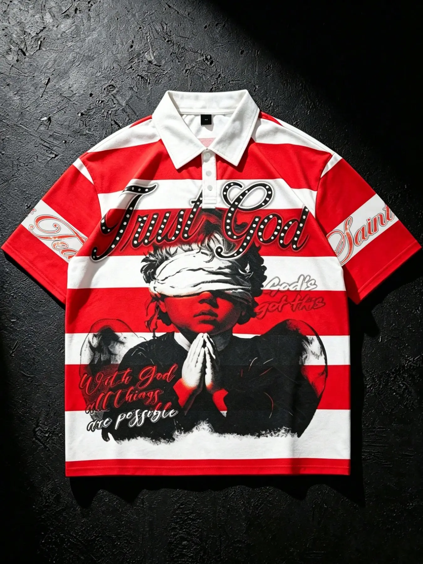 Angel trendy brand striped POLO shirt short-sleeved men's T-shirt red and white stripes young fashion shirt collar short-sleeved men's and women's mesh breathable quick-drying fabric men's polo shirt campus style Trust God blindfolded praying little boy T
