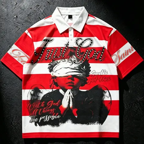 Angel Brand Men's Striped Short-Sleeve Polo Shirt, Red and White Stripes, Breathable Quick-Dry Mesh Fabric, Trendy Campus Style with Praying Boy Graphic Print, Students