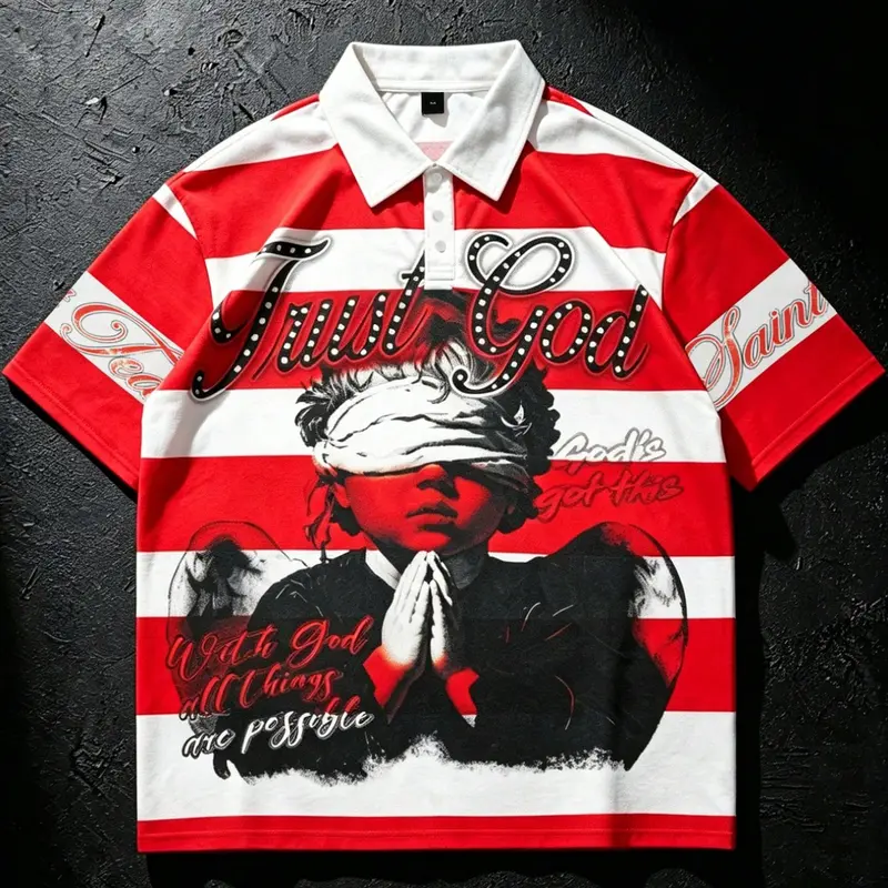 Angel Brand Men's Striped Short-Sleeve Polo Shirt, Red and White Stripes, Breathable Quick-Dry Mesh Fabric, Trendy Campus Style with Praying Boy Graphic Print, Students