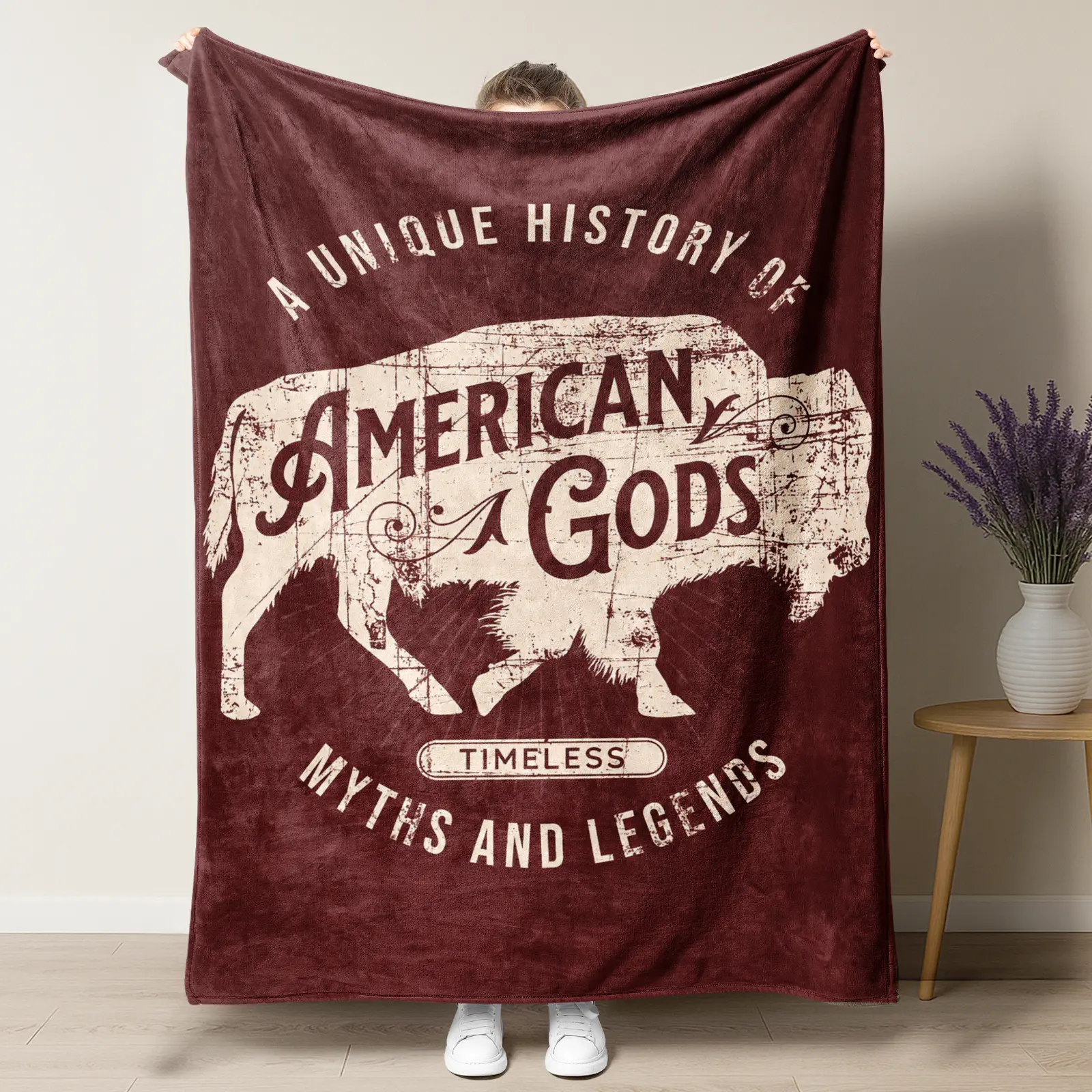Vintage American Bison Buffalo Throw Blanket, American Gods Myths and Legends Distressed Retro Maroon Cozy Plush Blanket, Western Rustic Wild West Home Decor Blanket Gift