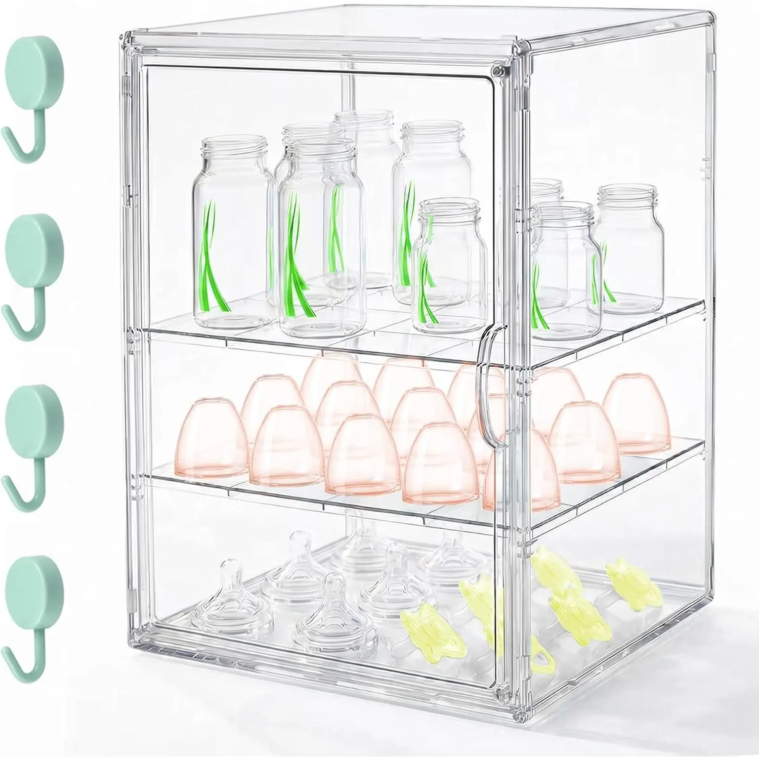 Baby Bottle Organizer, 3 Tier Bottle Storage Organizer Baby | Acrylic Bottles Storage Station with Magnetic Door and Hook for Pacifiers Pump Parts, Makeup & Bathroom Organizer