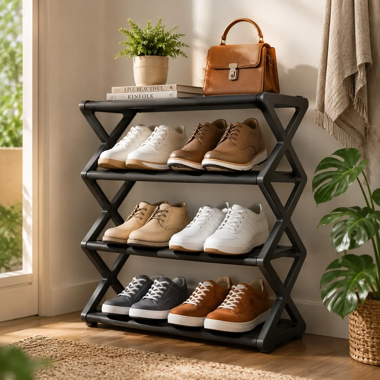 Kids Shoe Rack Organizer, Footwear Organization, Shoe Organizers, Shoe Storage Solution, 4 Tier Shoe Storage Shelf, Holds 8-12 Pairs, Space Saving, Easy Assembly, Nursery Bedroom Closet Entryway Bathroom Organizer