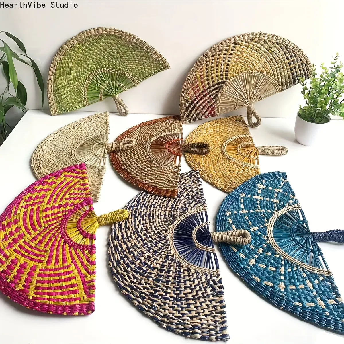 Handmade Straw-Woven Rattan Palm Leaf Hand Fan Set - Hangable Craft Home Decoration, Oriental Boho Chic Room Decor for Living Room, Housewarming Gift (Sports & Outdoor Camping & Hiking Hammock Accessory)