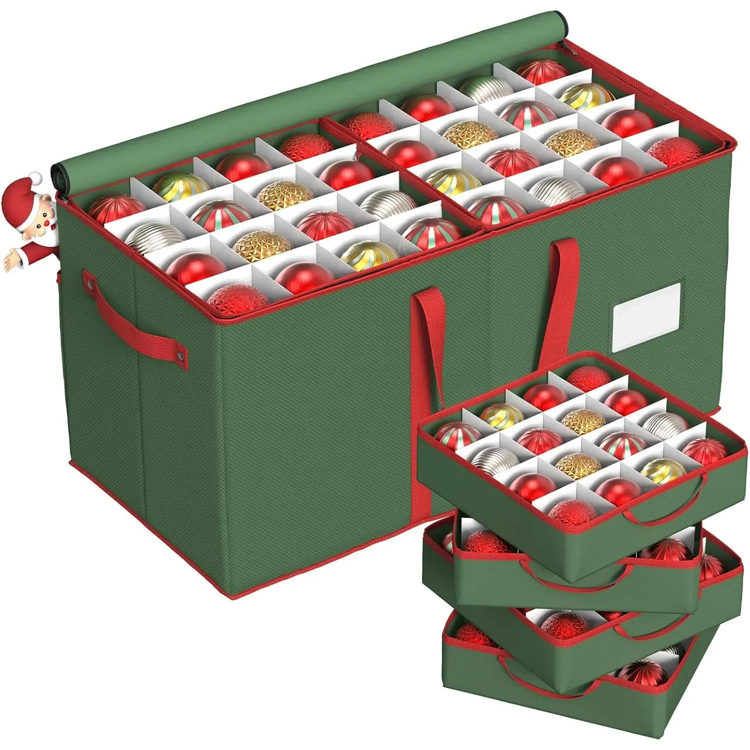 Christmas Ornament Storage Box with 8 Trays, Christmas Storage Container for 128-3'' Holiday Ornament Decorations, Large Xmas Organizer with Adjustable Dividers, Dual Zipper and Pocket (Green)