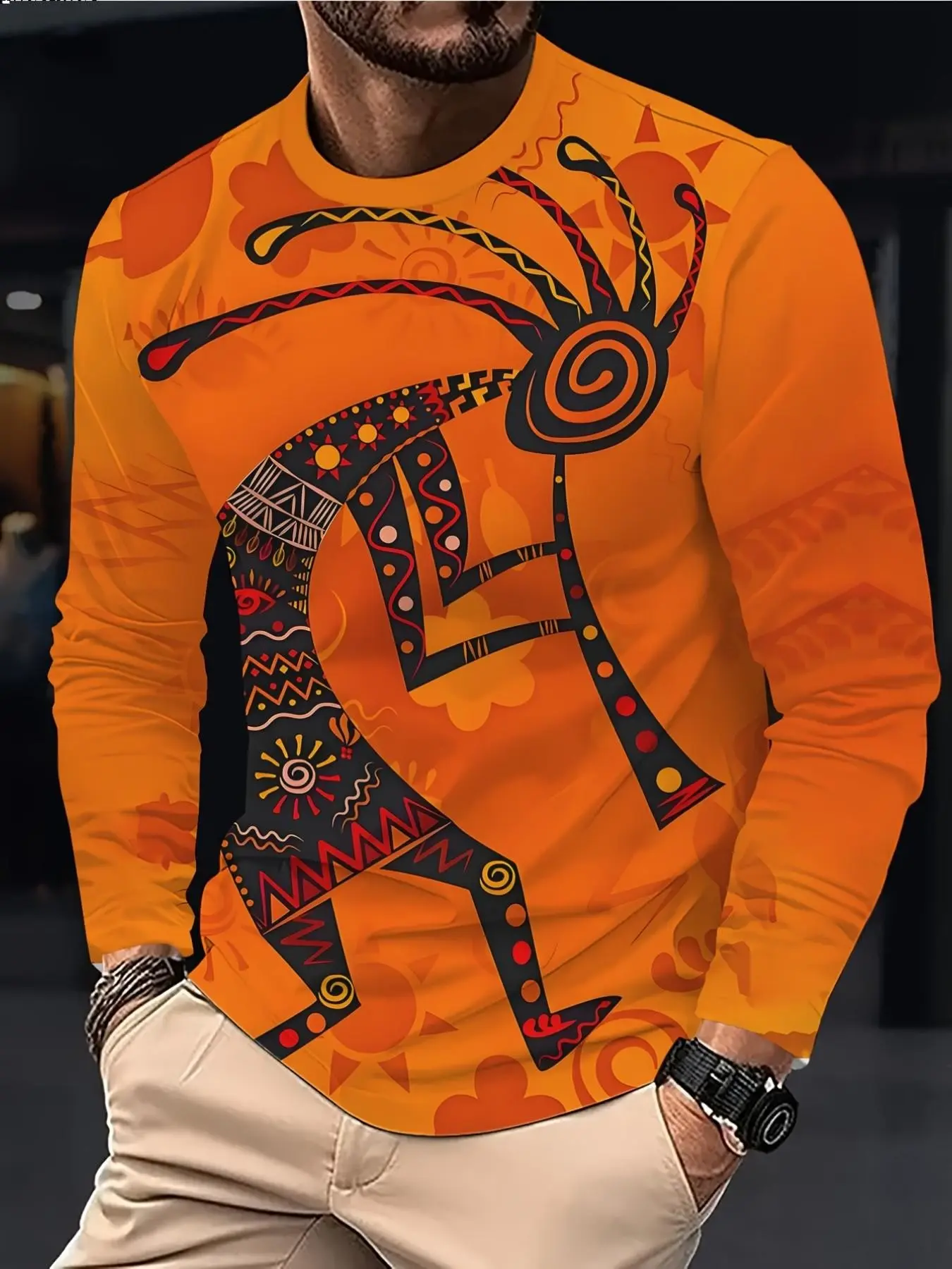 Indian Totem Men's Long Sleeve T-Shirt, Native American Ethnic Print Top, Casual Fitted Graphic Tee for All Seasons