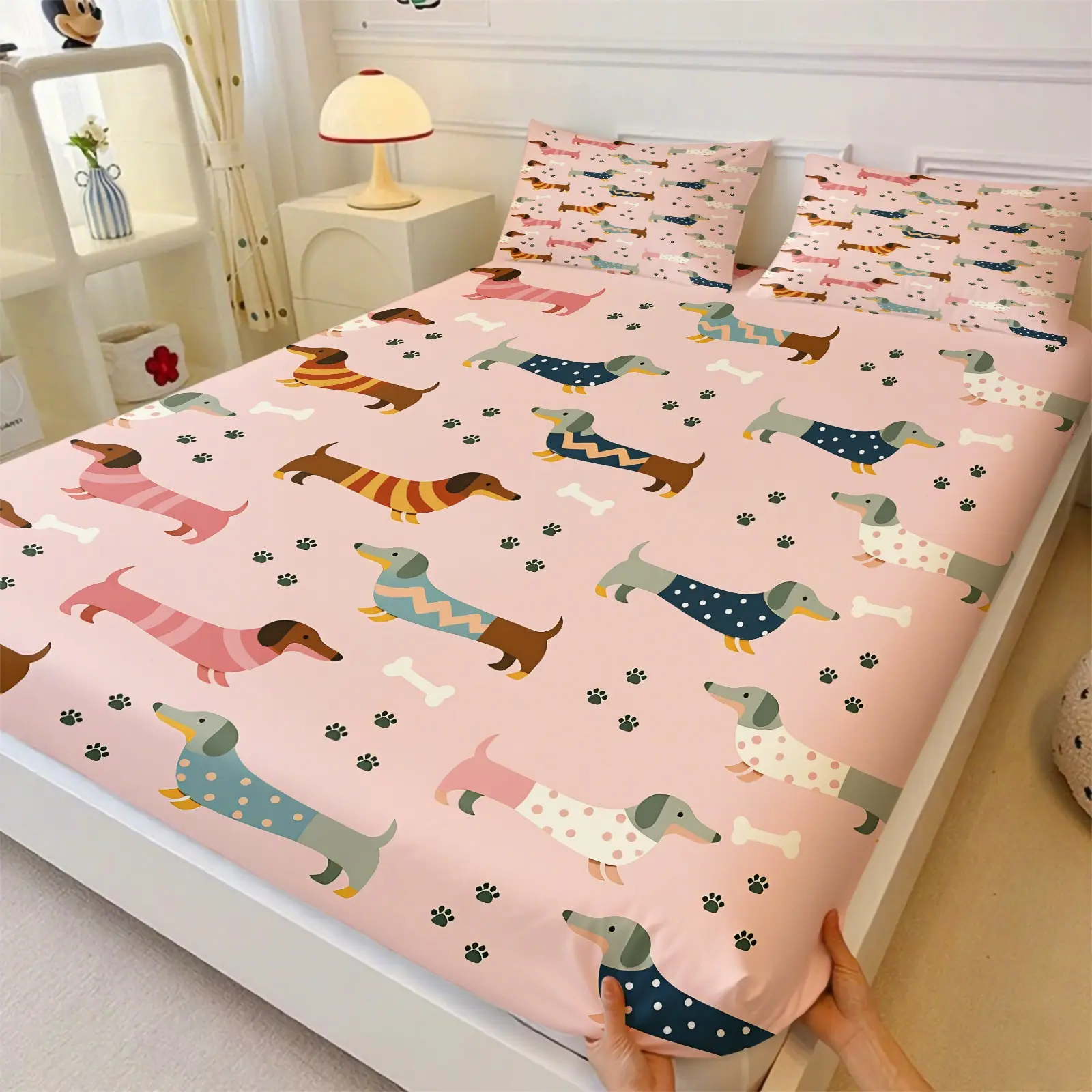 Kids Macaron Sausage Dog Full Wrap Anti-Slip Fitted Sheet Set, Include 1 Bedcap and 2 Pillowcases, Colorful Stripe Polka Dot Puppy Paw Bone Cartoon Decor Bedspread, Wrinkle-Resistant, All Seasons Use