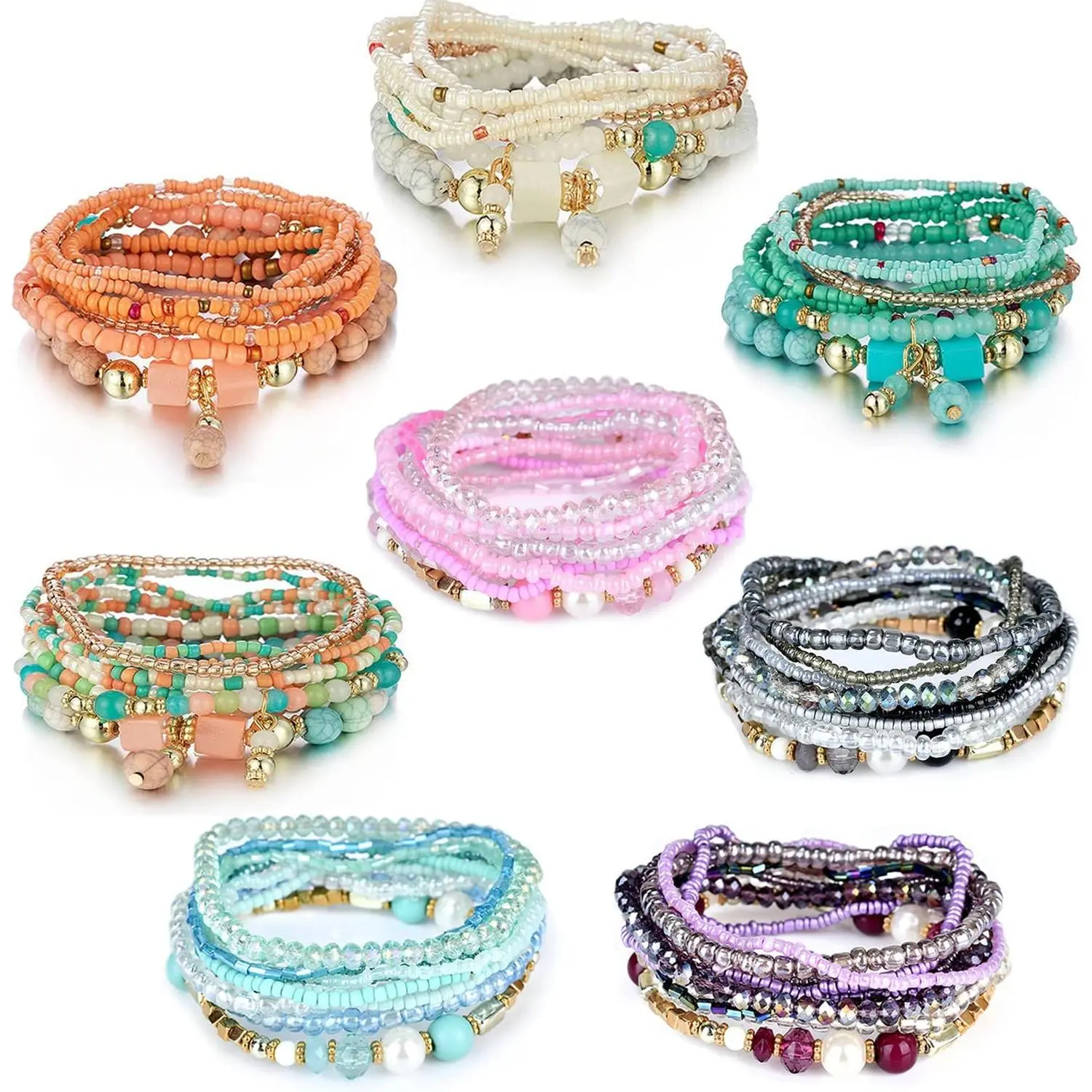 8 Sets Bohemian Stackable Bead Bracelets for Women Bohemian Bracelets Stretch Multi Layered beads Bracelet Set Boho Multicolor Jewelry