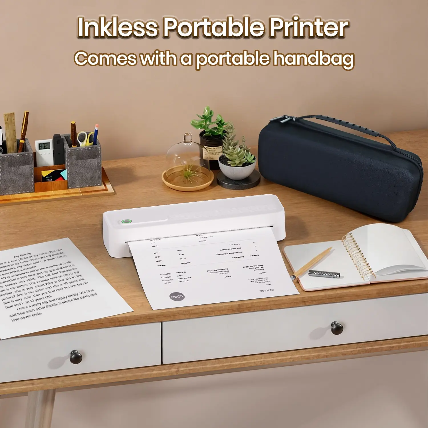 Portable Mini A4 Printer, Ink-Free Thermal Printer, Compact and Powerful, Supports Phone and Computer, Ideal for Business Travel and Home Use