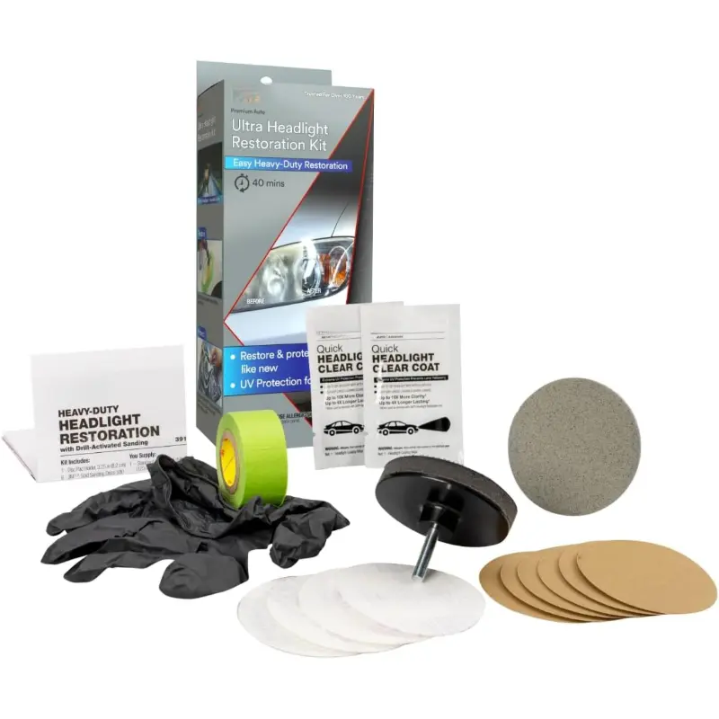 Heavy Duty DIY Headlight Lens Restoration Kit, Includes Masking Tape, Light Sanding Discs and Wax Protectant, Works on Plastic Headlights, Taillights & Fog Lights