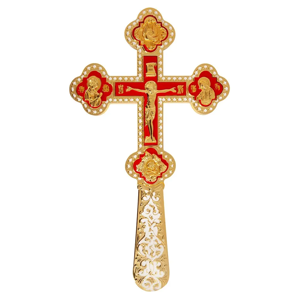 11.6inches Gold Enamel Orthodox Hand Held Blessing Cross Gold Plated Prayer Crucifix with Religious Icons for Priest Blessing Church Ritual Home Altar Decor