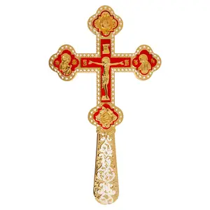 11.6inches Gold Enamel Orthodox Hand Held Blessing Cross Gold Plated Prayer Crucifix with Religious Icons for Priest Blessing Church Ritual Home Altar Decor