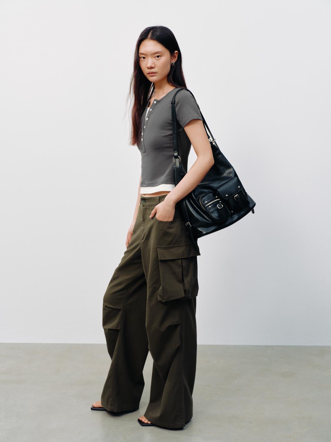 URBAN REVIVO 2026 Summer Women's Casual Color Block Henley Neck Fake Two-Piece Slim Fit T-Shirt UYY460131