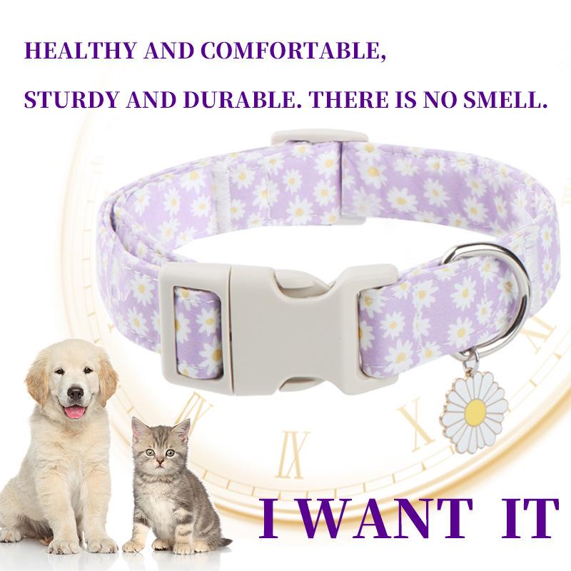 Cat & Dog Collar, Purple Daisy Print Adjustable Pet Collar with Quick Release Buckle, Soft Comfortable Durable No Smell Collar for Small Medium Dogs Cats, Cute Floral Pet Neck Accessory with Daisy Charm