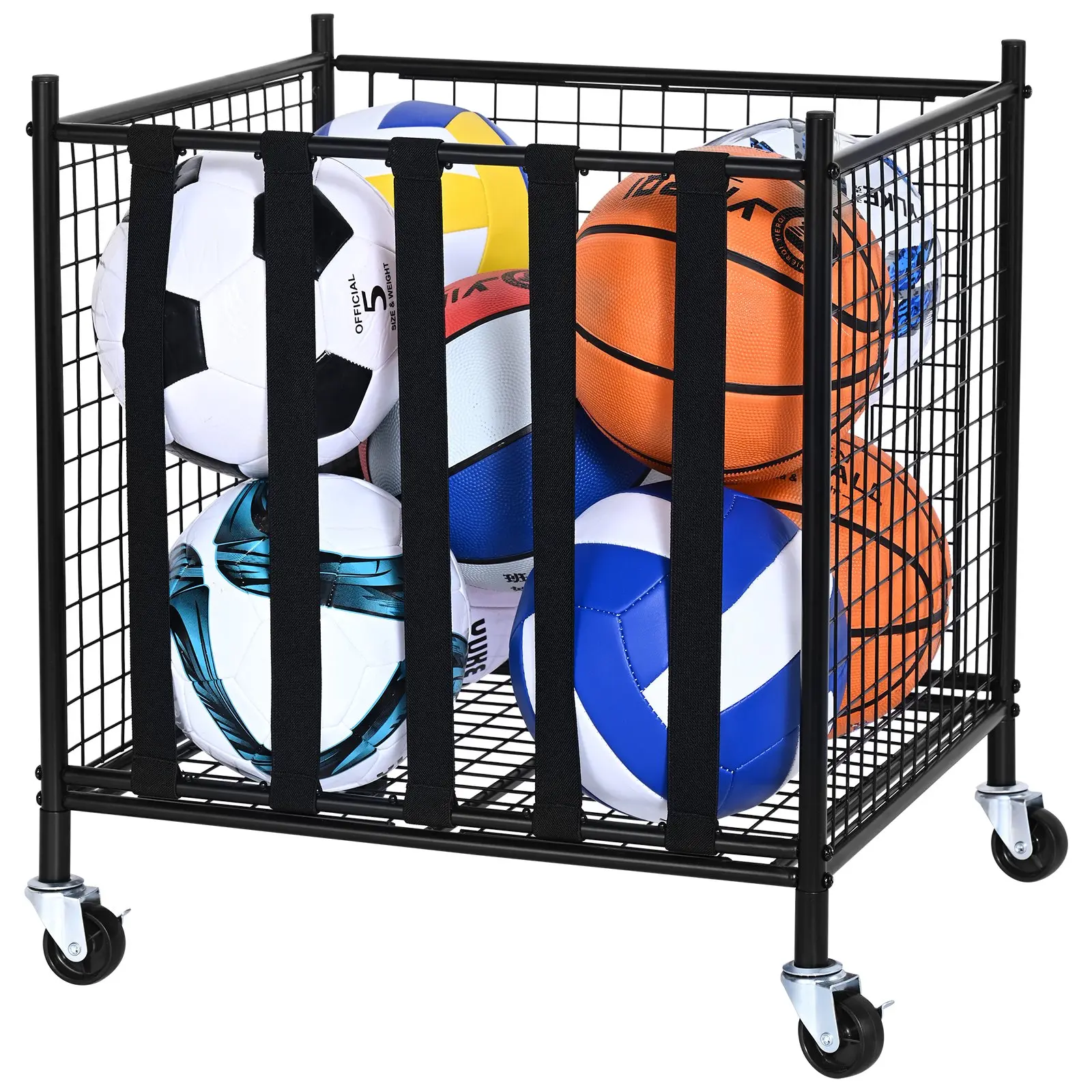 【DealsForYouDays】VEVOR Rolling Sports Ball Storage Cart, Lockable Basketball Cage with Elastic Straps, Sport Equipment Holder Organizer for Indoor Outdoor, Steel Storage Rack for Garages, Playgroup, Gym and Schools