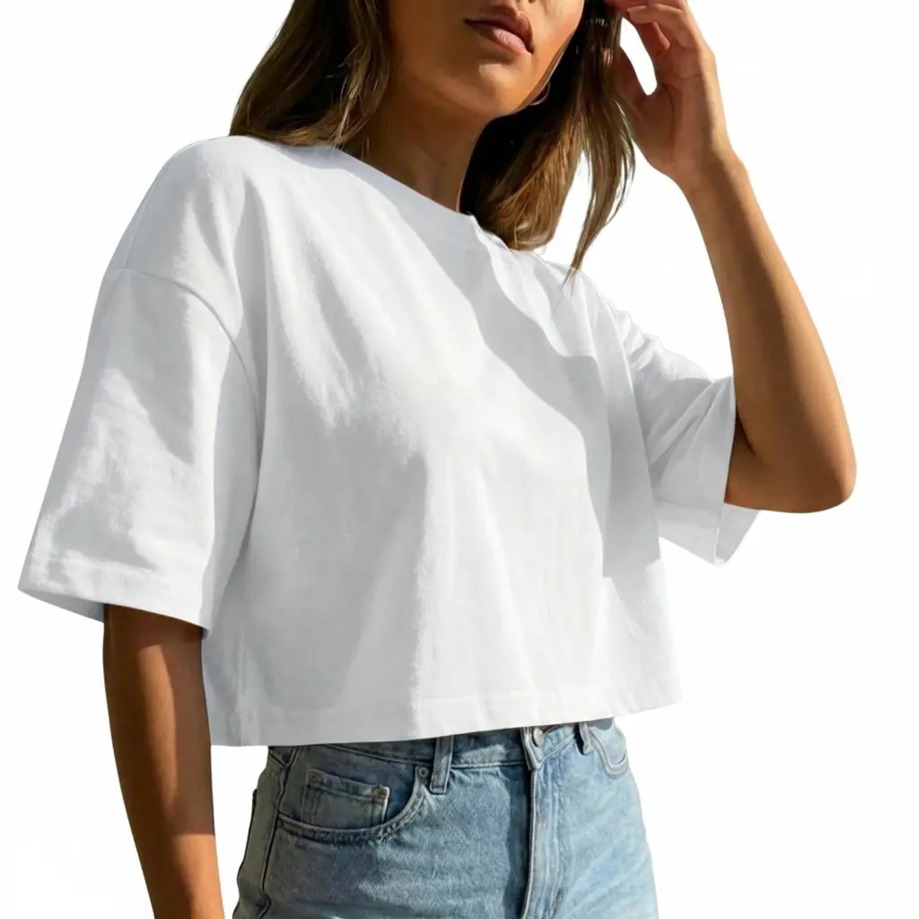 Basic Plain White Drop Shoulder Crew Neck Crop Top Short Sleeve T-Shirt, Soft Comfortable Casual Summer Daily Everyday Outfit Streetwear For Teen Girls