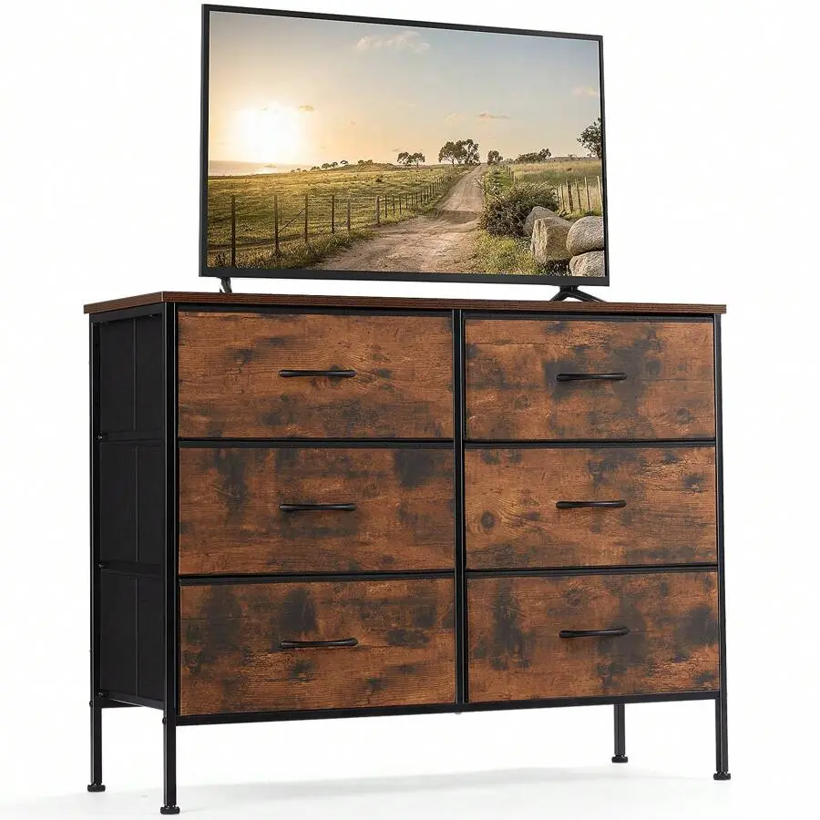 Wood 6-Drawer Wide Kids-Baby Dresser - Sturdy Bedroom Storage Unit with Metal Frame, MDF Board Top, TV Stand Function - 1-Size Indoor Cabinet, Nursery
