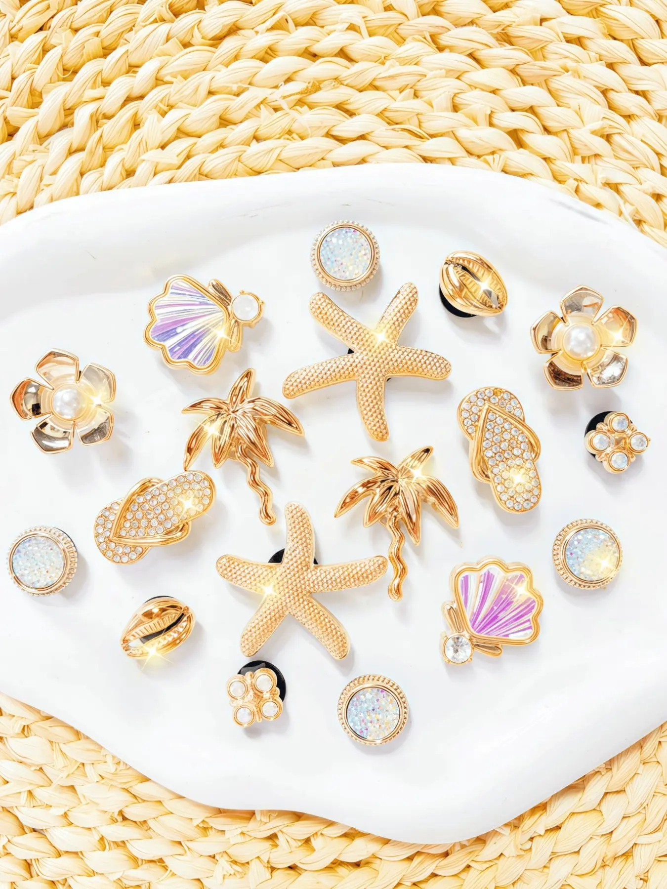18-Piece Ocean Series Shoe Accessories, Starfish, Palm Tree, Shell, Sandals, Heart Decorations, DIY Footwear Embellishments