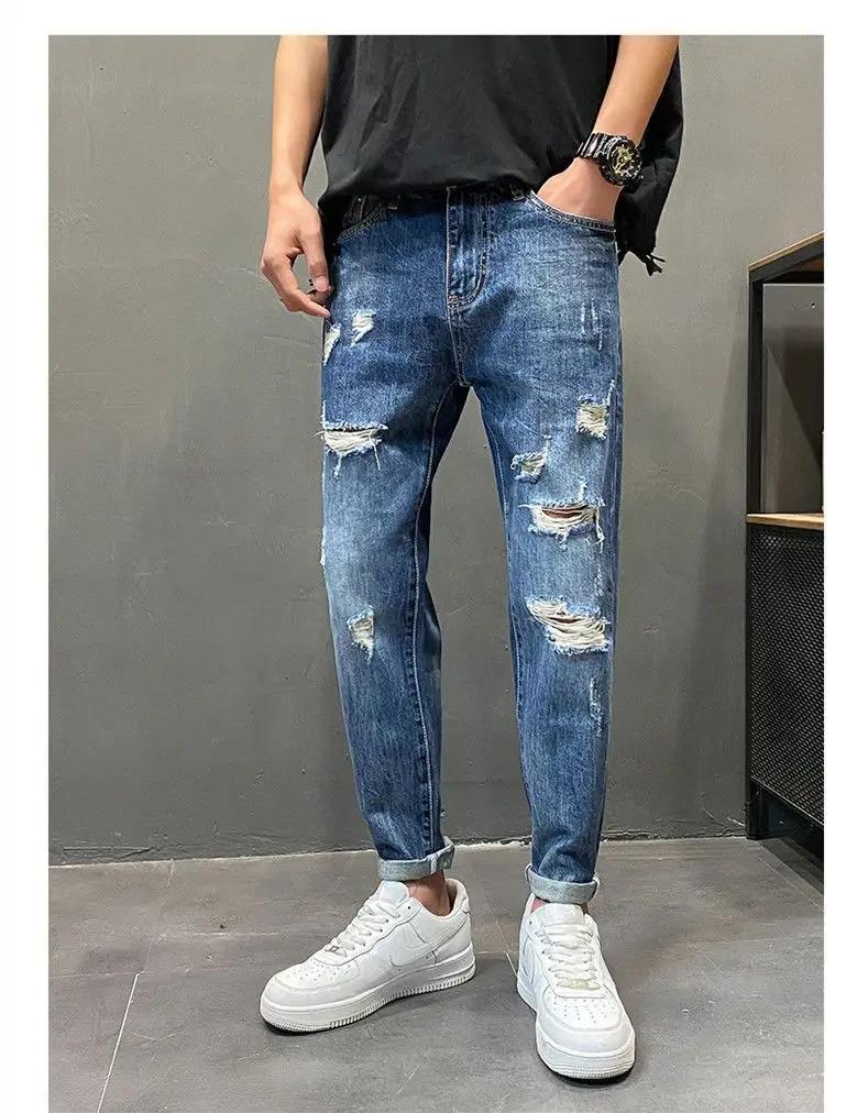 Men's Shaved Trendy Ripped Jeans Ruffian Handsome Summer Slim-fitting Pants Trendy Brand Man Clothes Designer Beggar Pants Men