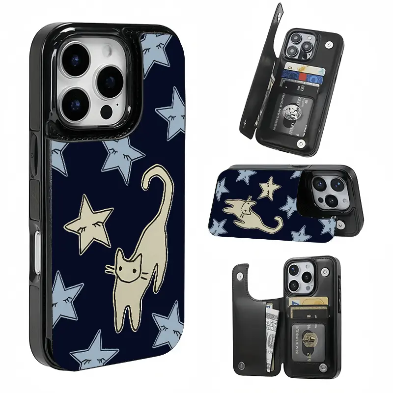 Dark Blue Starry Cat Cartoon Card Holder, This phone case features a card slot function, can store bank cards, transit cards and other cards, suitable for iPhone 17/16/15/14/13/12, and makes a great gift for girls.