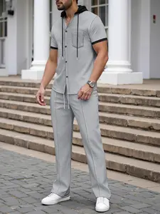 Men's Two-Piece Set, Christmas Gift, Friday, Spring Summer Fall Clothing, Casual Knit Blazer Suit, High Waist Pants, Elastic Fit