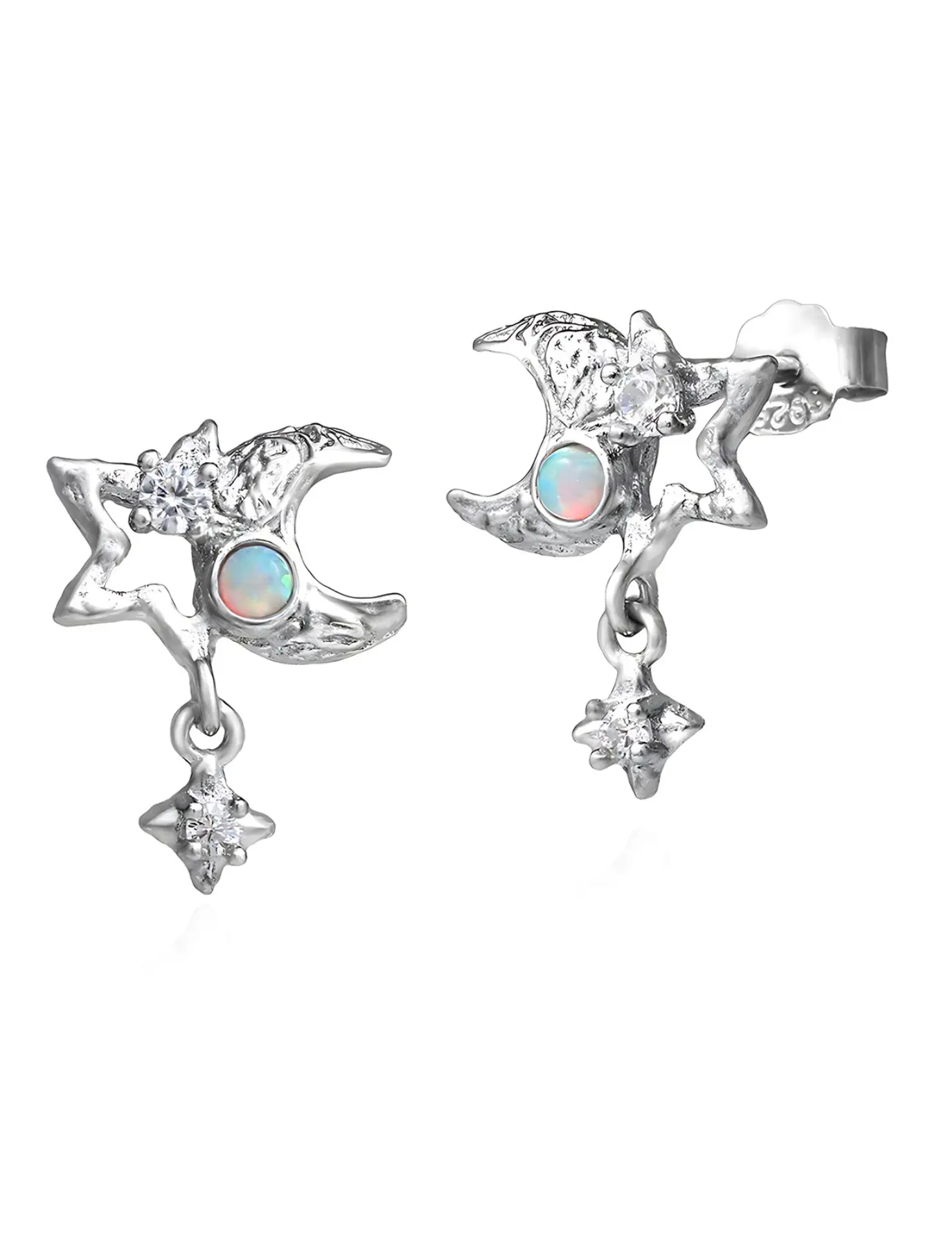 Opal Moon and Stars S925 Silver Earrings, Vintage Irregular Texture Pendant Studs, Independent Minimalist Cool Girl Jewelry