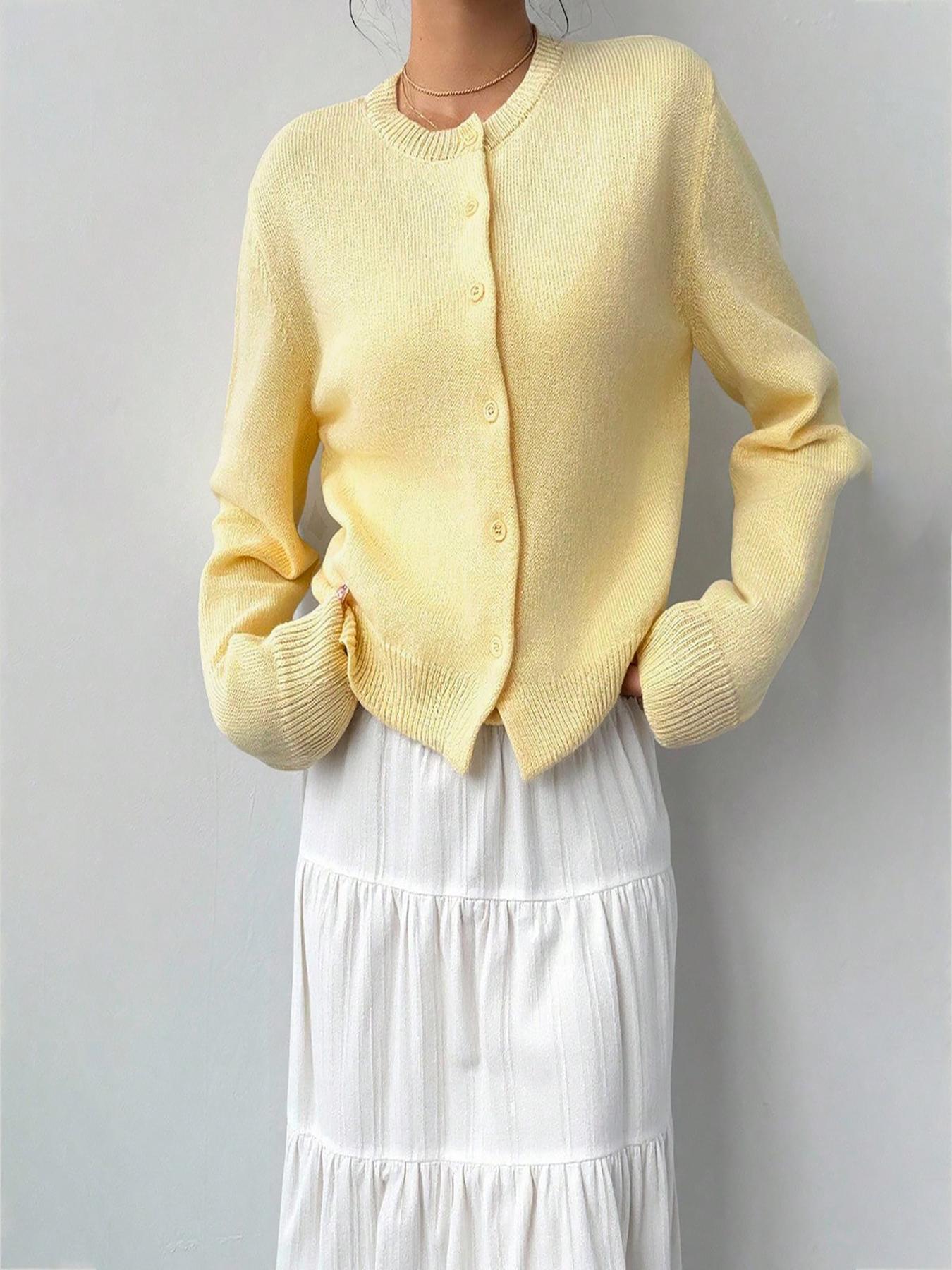 Women's Solid Color Button Front Sweater Cardigan, Casual Long Sleeve Knitting Knitwear for Fall & Winter, Women's Knit Clothing for Daily Wear