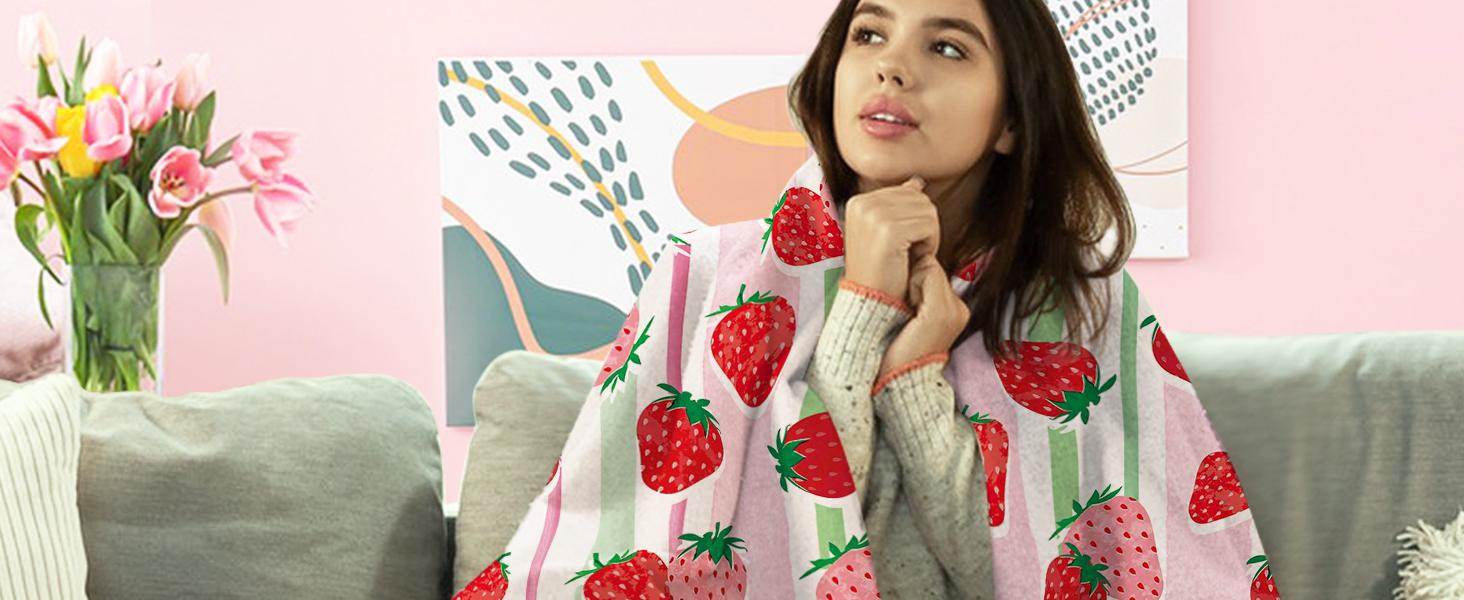 Pink Strawberry Flannel Throw Blanket, Fruit Red Green Stripes Birthday Gifts for Kids Girls Women Adults Teen, Spring Summer Soft Blankets for Bedding Sofa 50" x 60"