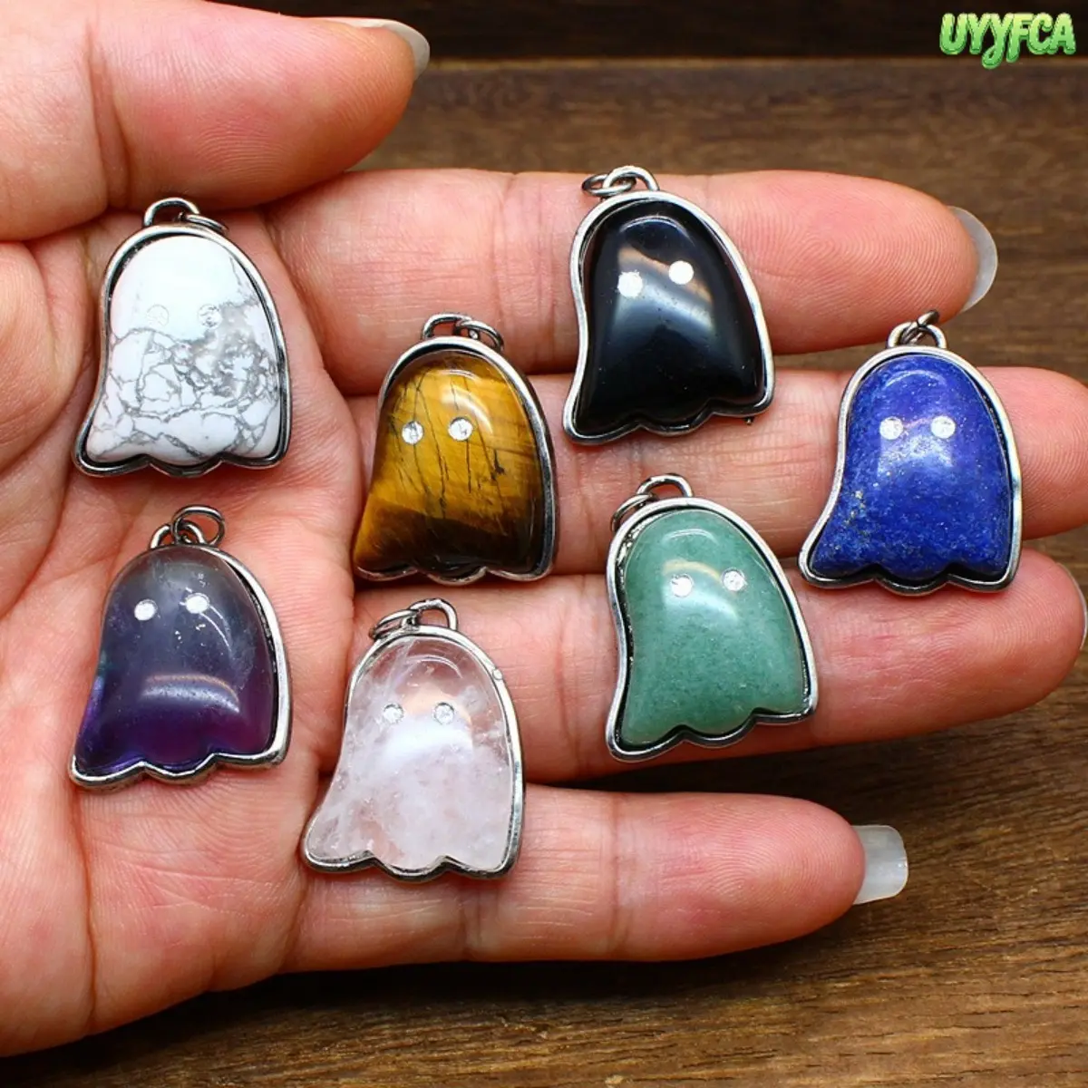 Natural Crystal Ghost Shape Pendant, Metal Wrapped Gemstone Charm, Cute Little Ghost Natural Stone Jewelry, DIY Necklace Making Accessory for Halloween, Casual Daily Matching And Handmade Craft Projects