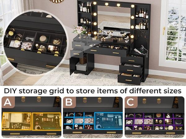 Sikaic 48.8" LED Lighted Makeup Vanity with Large Mirror & Charging Station Modern Black Dresser with 6 Drawers & Adjustable Shelves for Beauty Enthusiasts