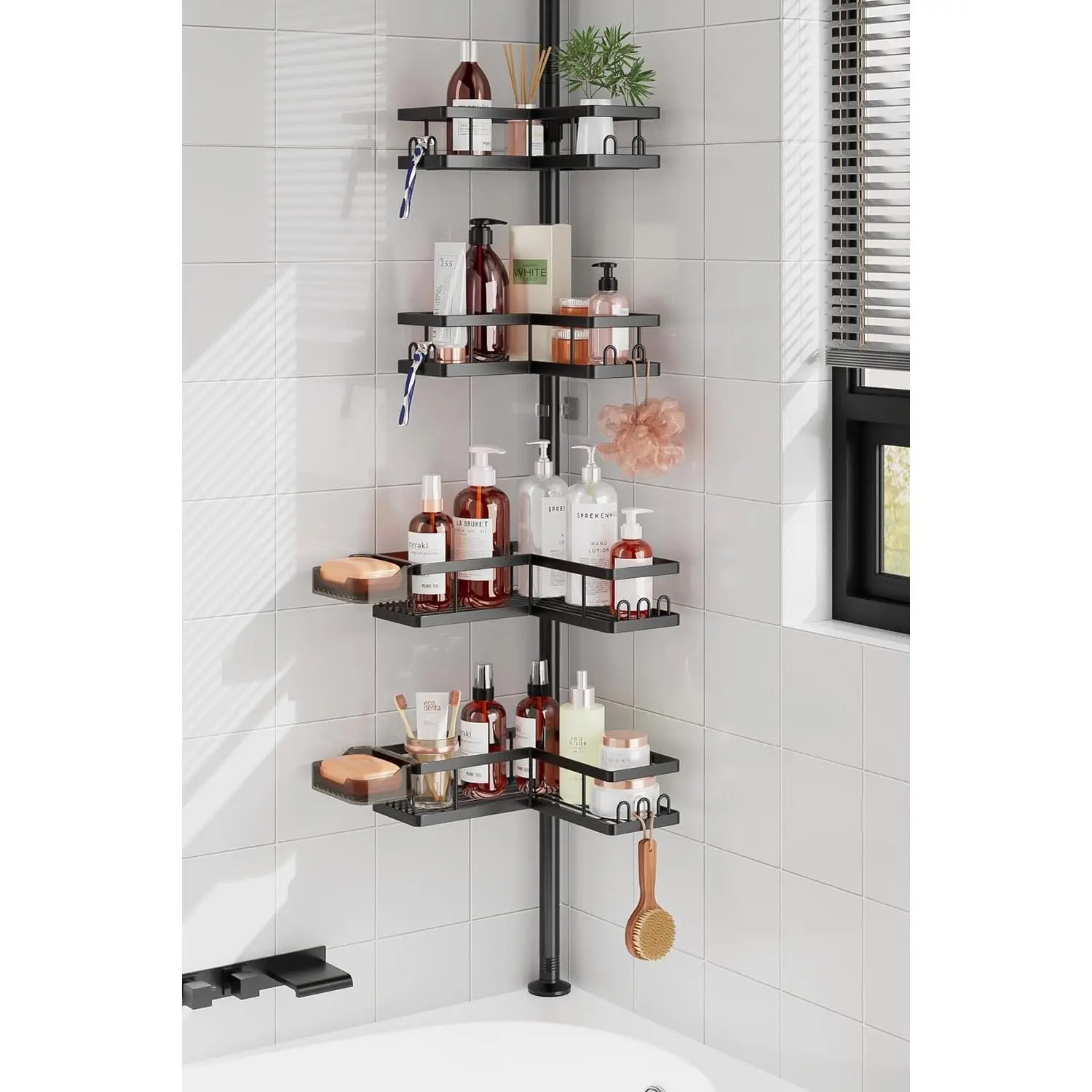 Corner Shower  Tension Pole, 25.7-109.1in Adjustable Shower Shelves, Rust-Resistant Shower Organizer, No-Drill 3-Step Installation, Bathroom Shelves for Renters & Family, Black