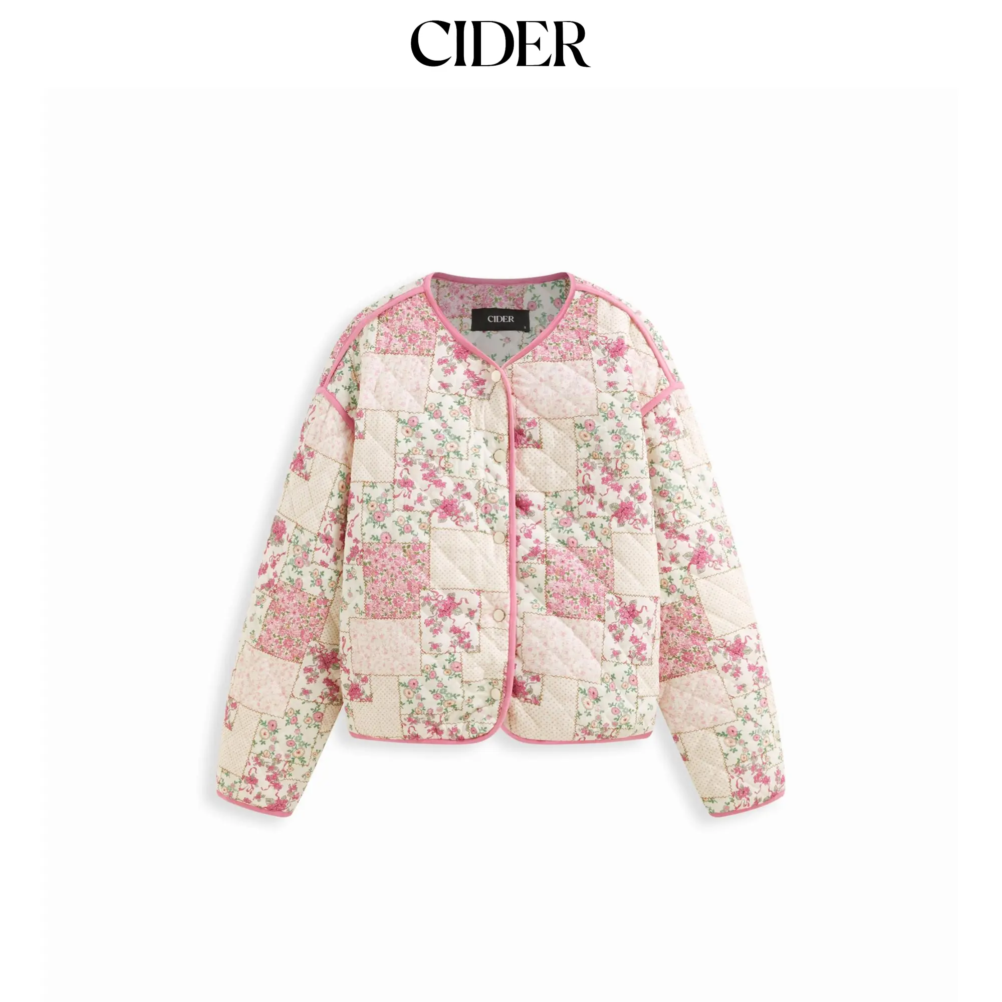 Cider Floral V-neck Contrasting Binding Button Oversized Puffer Jacket