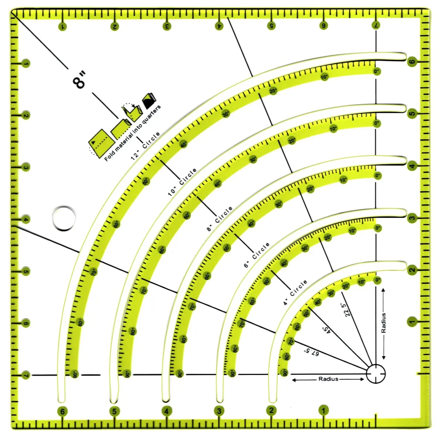 8 Inch  Quilting Ruler Multifunctional Arcs & Fans Square Quilt Circle  Ruler for Patchwork Sewing Craft Tools, Cloth Template
