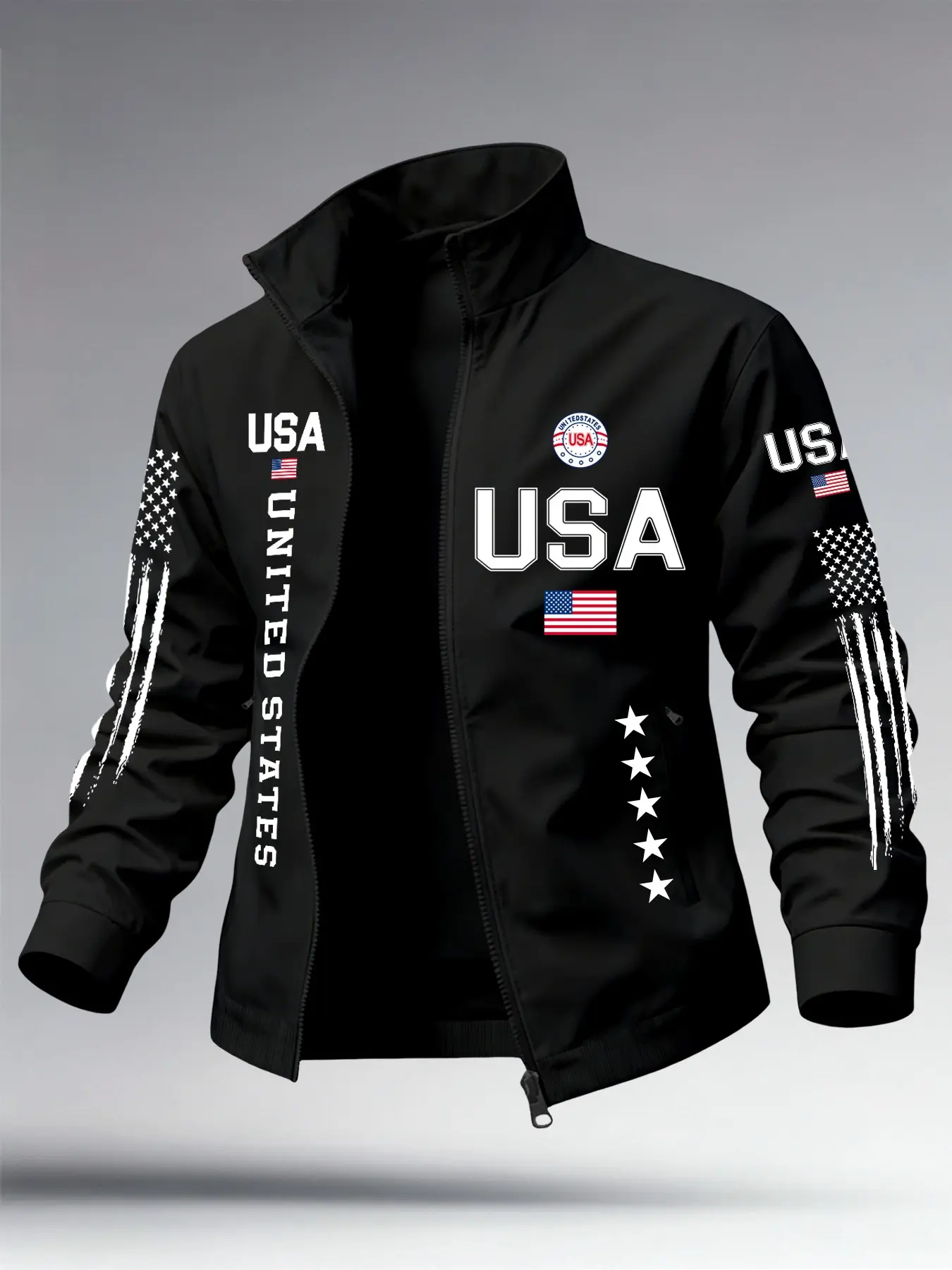 Men's USA Flag Print Full-Zip Stand Collar Jacket, Lightweight Casual Outerwear for Spring Fall Men's USA Flag Print Full-Zip Stand Collar Jacket, Lightweight Casual Outerwear for Spring Fall