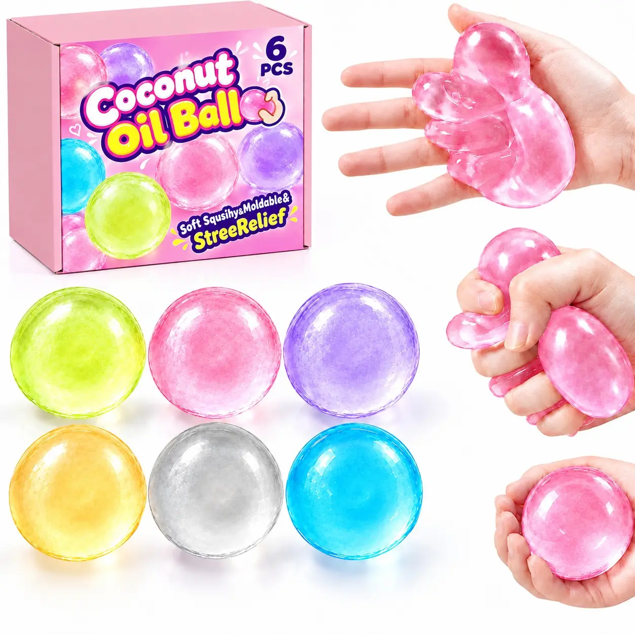 6 Pack Coconut Oil Balls Squishy Box - Soft Moldable Stress Relief Fidget Toy, Translucent Stretchy Sensory Ball Set for Adults, Gift for Girls, Squishy Fidgets (Not Edible)