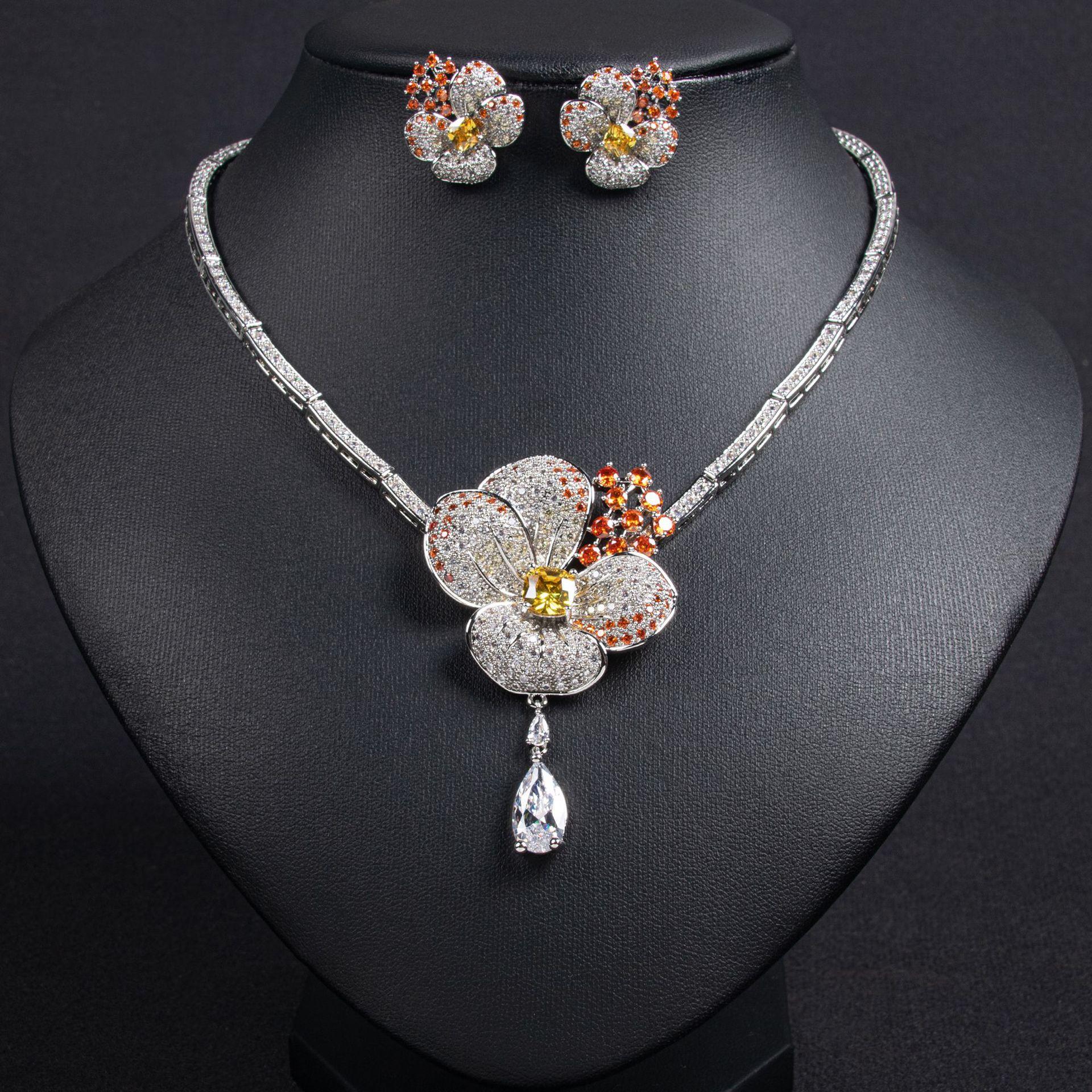 Luxury Floral Zircon Jewelry Set, Bridal Wedding Necklace & Earrings, Statement Bridal Prom Accessory