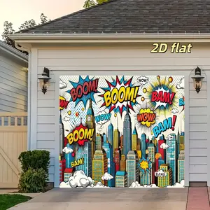 2D Flat Banner 1pc, Backdrop, American Comic City Theme, Skyscrapers and Dynamic Onomatopoeia, Comic Art Exhibition, Anime Themed Party, Creative Market Selfie Wall, Trendy Brand Launch Event, Polyester