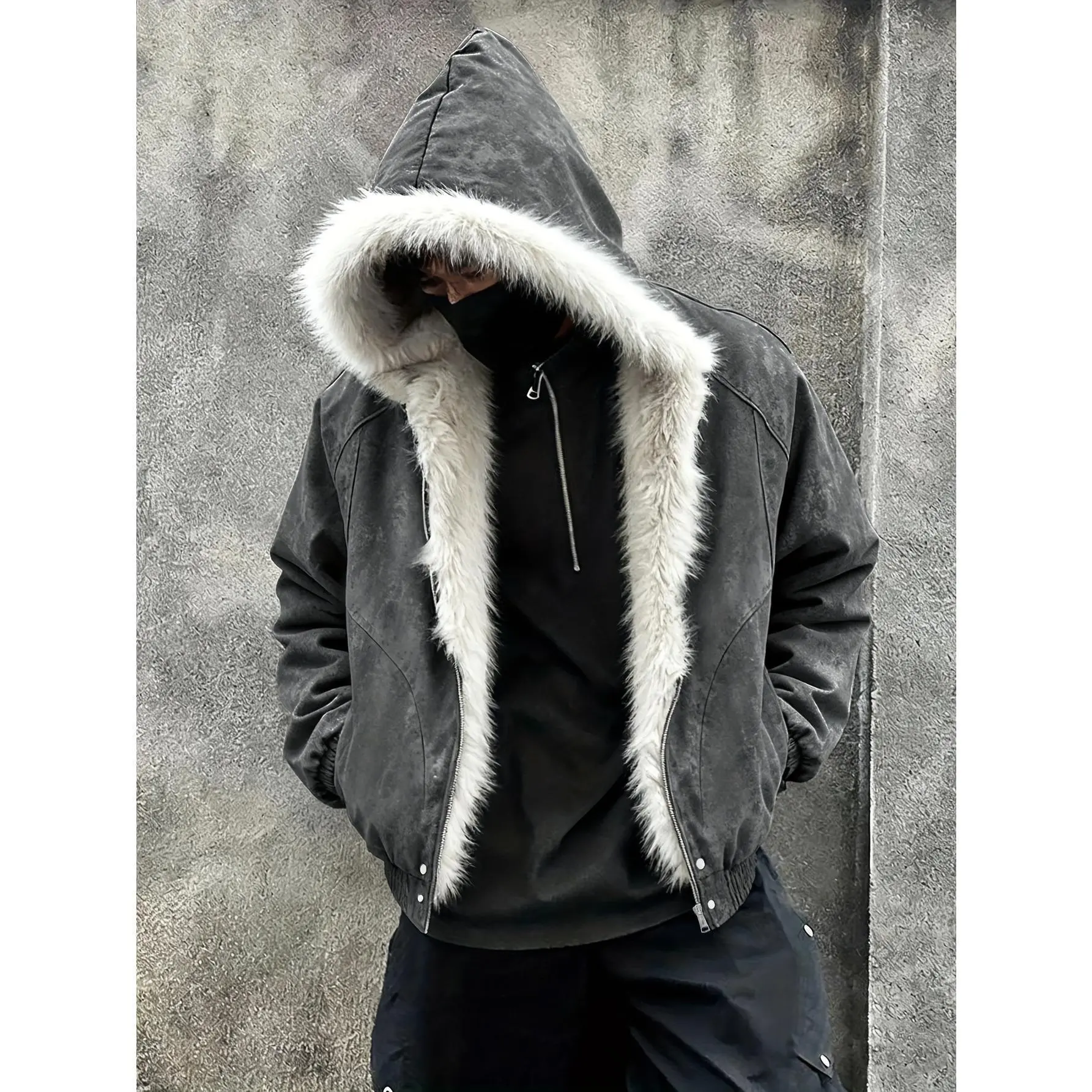 Men's Faux Fur Collar Hooded Puffer Jacket - Full Front Zip, Thermal Outerwear, Beige & Black, for Daily Casual Use