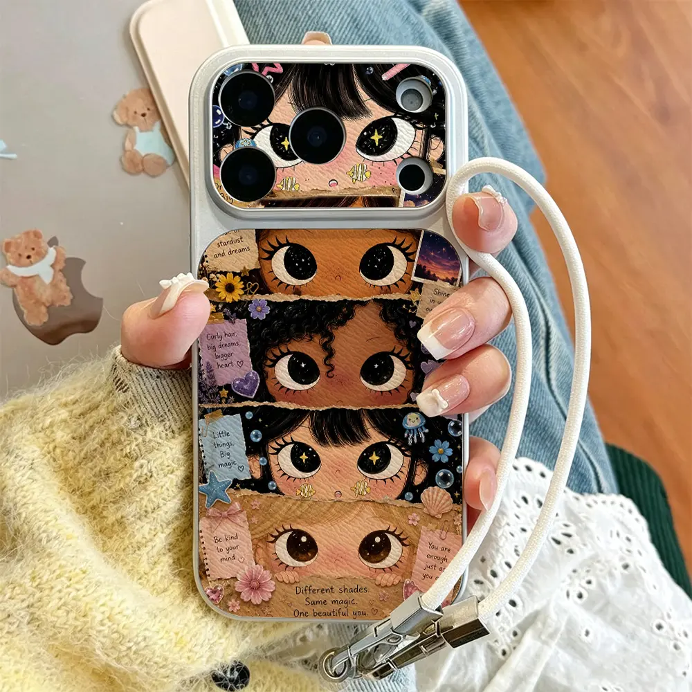 Anime-style Black girl with big eyes collage phone case for iPhone 17/16/15/14/13/12/11 Pro Max Plus/AIR/E,soft edge dropproof shockproof protective,Modified to look like the iPhone 17 Pro Max cover A gift for a cute Black girl