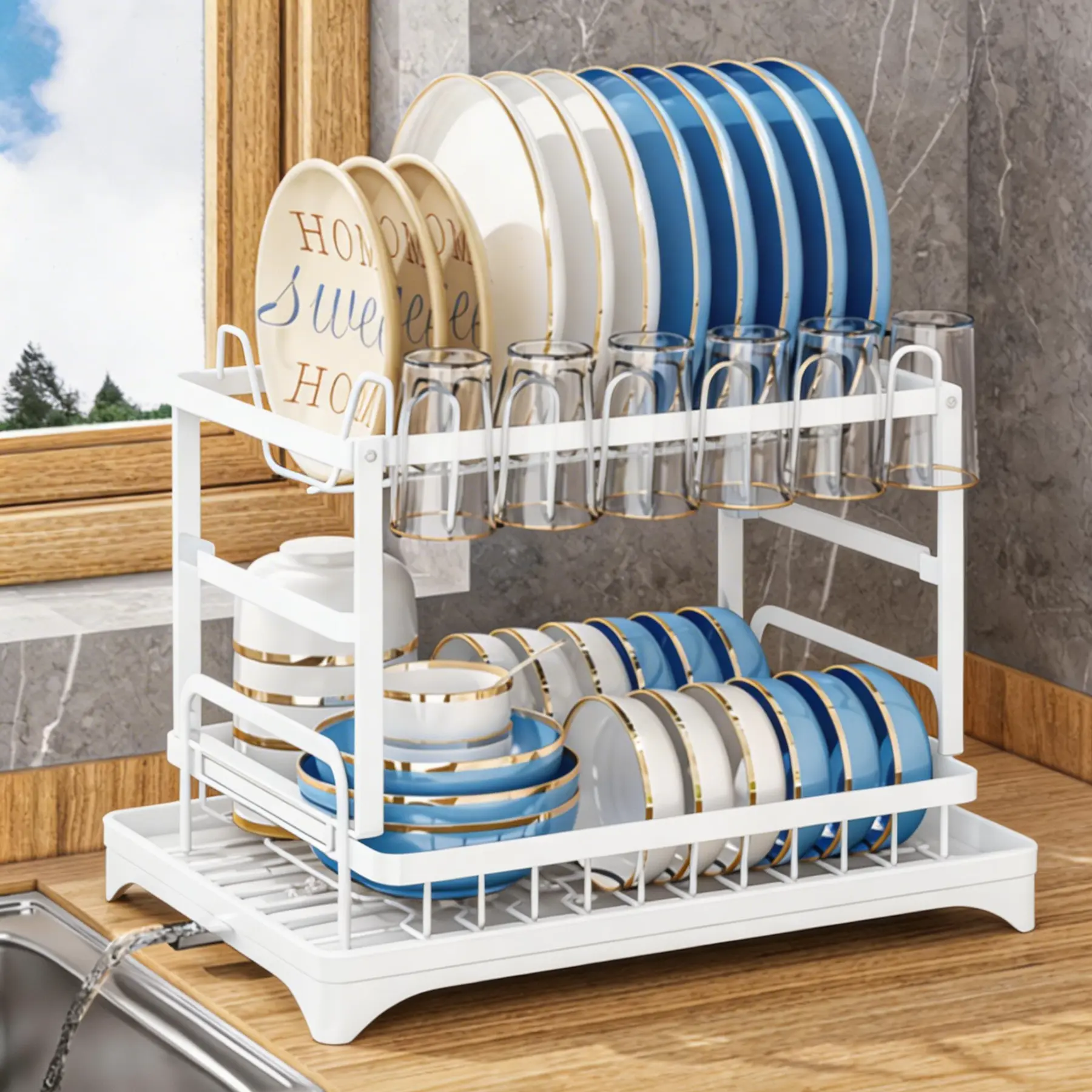Multifunctional Carbon Steel Over basin Dish Drying Rack - Kitchen Organizer with Knife, Cutting Board & Utensil Storage - Space-Saving Plate Holder for Countertop - WDJ-8018-BK Black