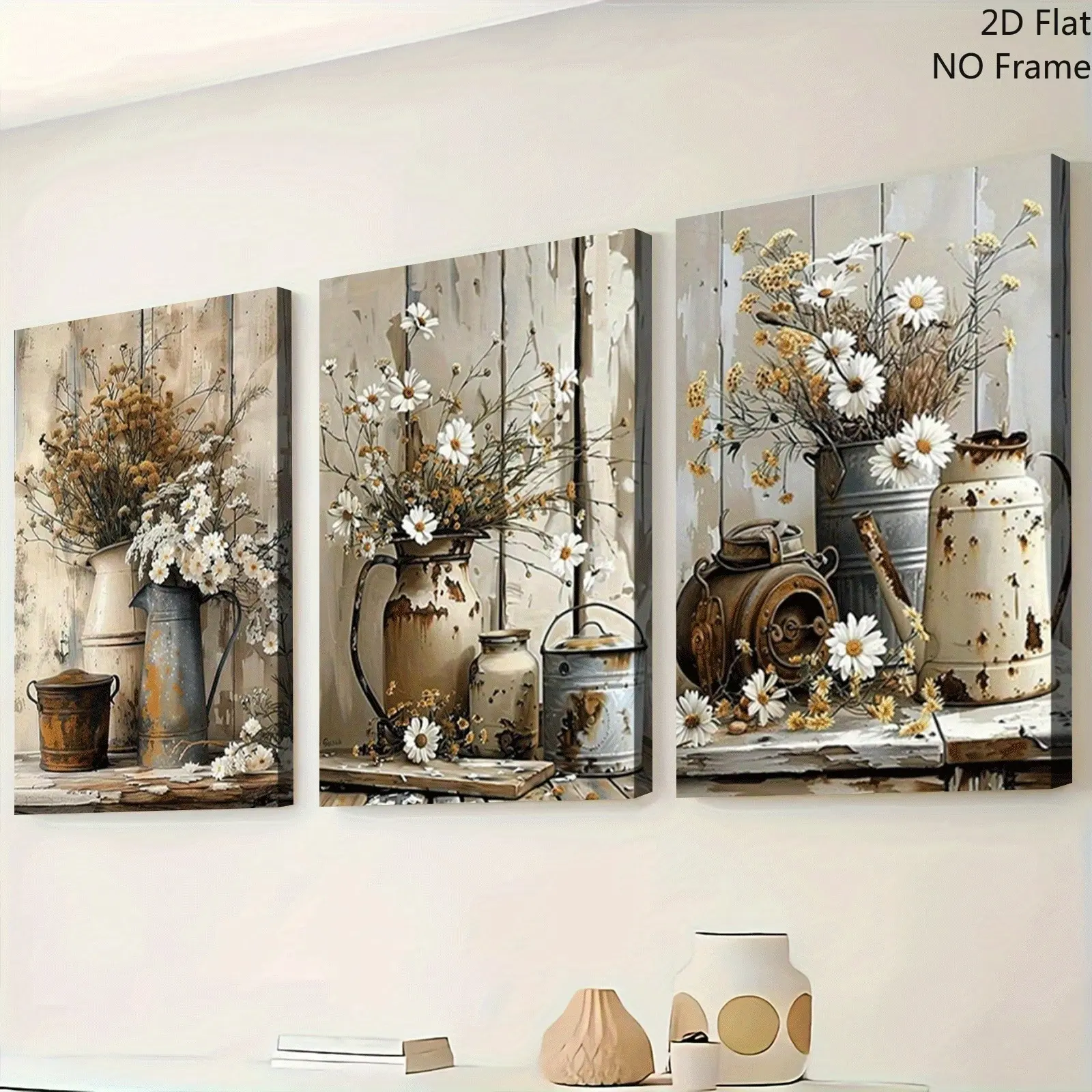 2D canvas, 3-piece vintage-style canvas painting set, featuring a white jasmine and a rusty watering can, perfect for farmhouse-themed home decor
