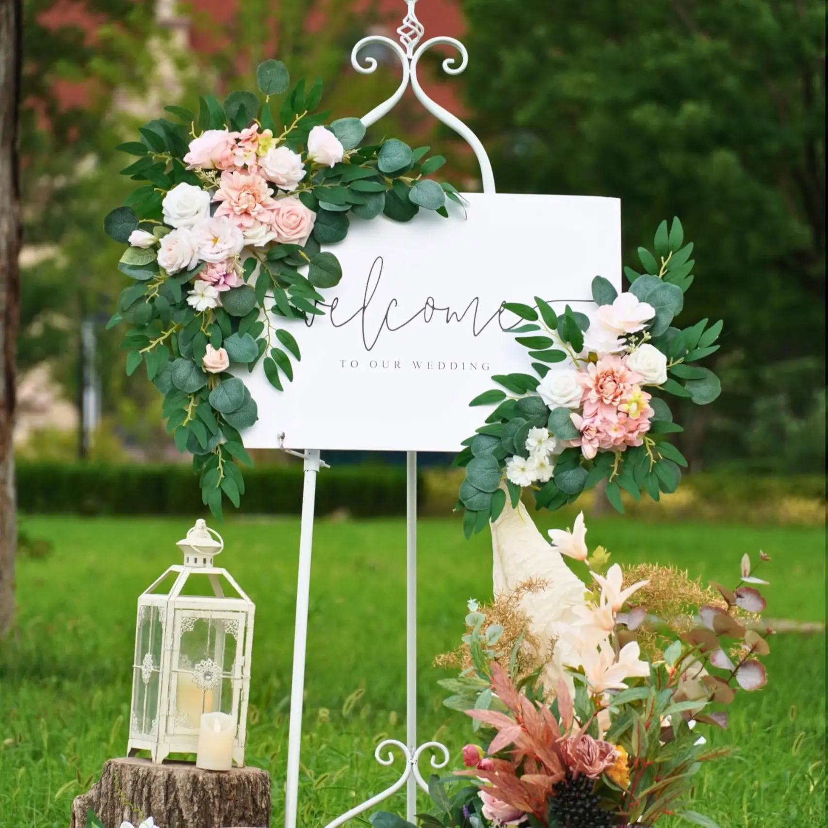 Wedding Sign Artificial Flower Hanging Decor (2 Pieces), Ideal for Ceremony Party Reception Entrance Floral Decoration Wall Frame Stand Wedding Poster Welcome Sign