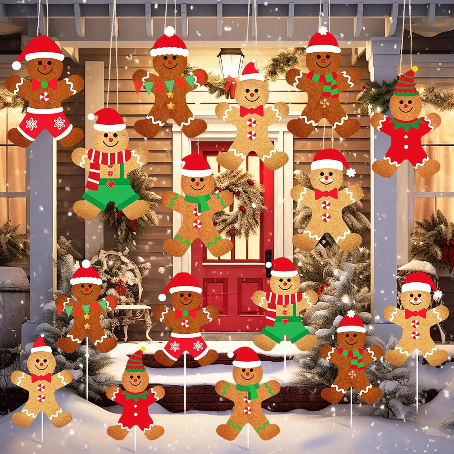 16 Pcs Large Gingerbread Man Christmas Decorations 10 Inch Double Sided Gingerbread Tree Ornament Xmas Hanging Decor Yard Lawn Signs with Stake for Home Outdoor Indoor Porch Pathway