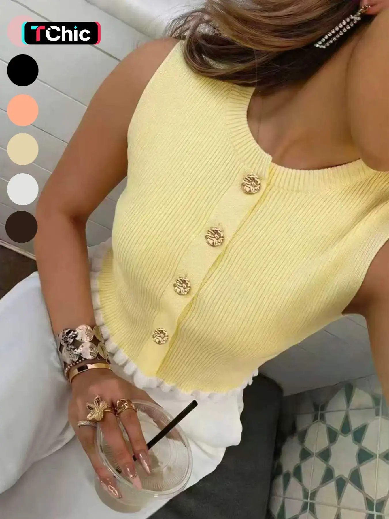 Spring Summer New Women's Casual Fashion Sleeveless Vest Tops, Round Neck, Metal Button with Ruffle Hem, Simple Design, Fitted, Perfect for Daily Wear